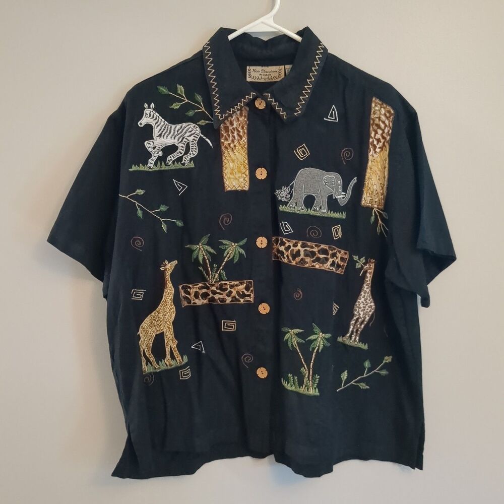 New Direction Safari Animal Embroidered Linen Cotton Button Front Shirt Women 2X